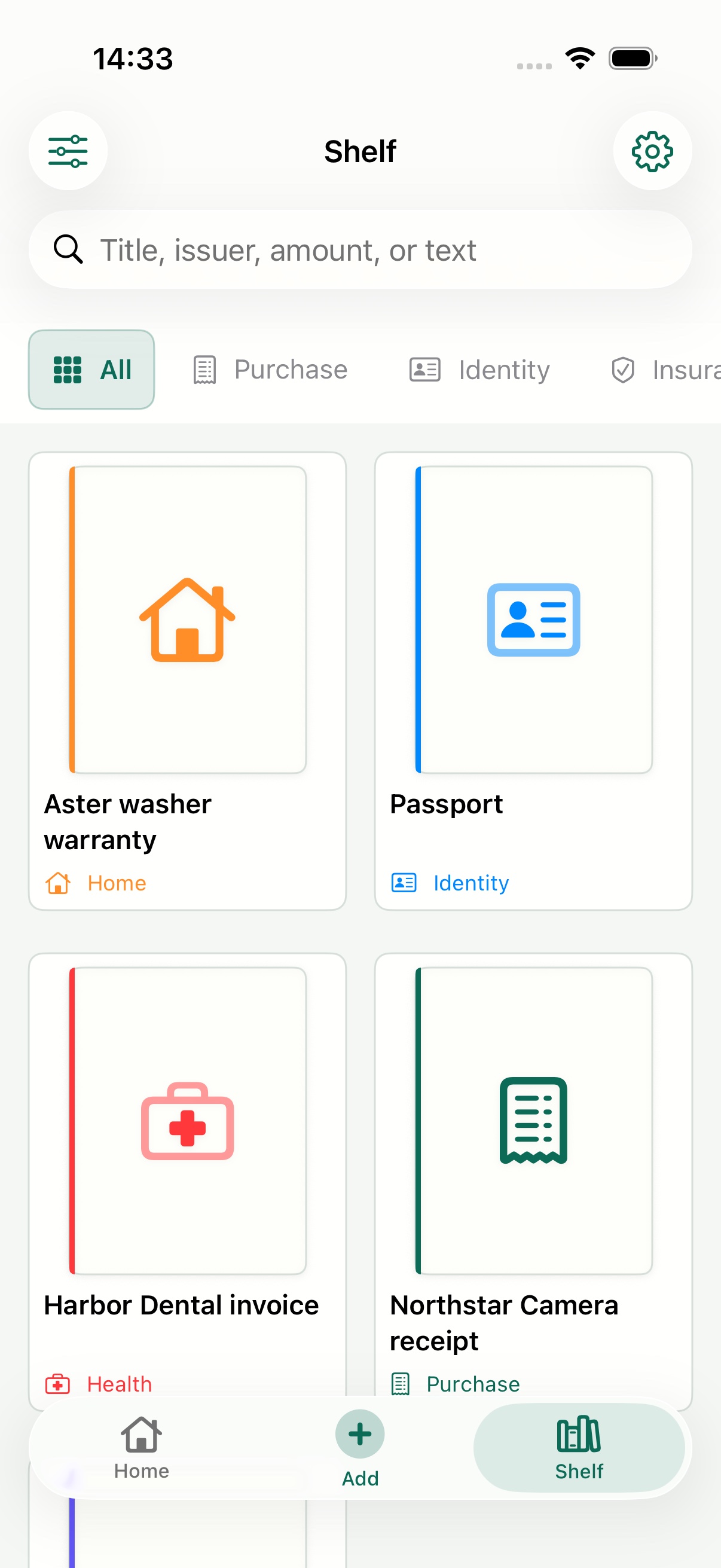 ClaimShelf Shelf showing documents in a visual grid with the latest Home, Add, and Shelf navigation