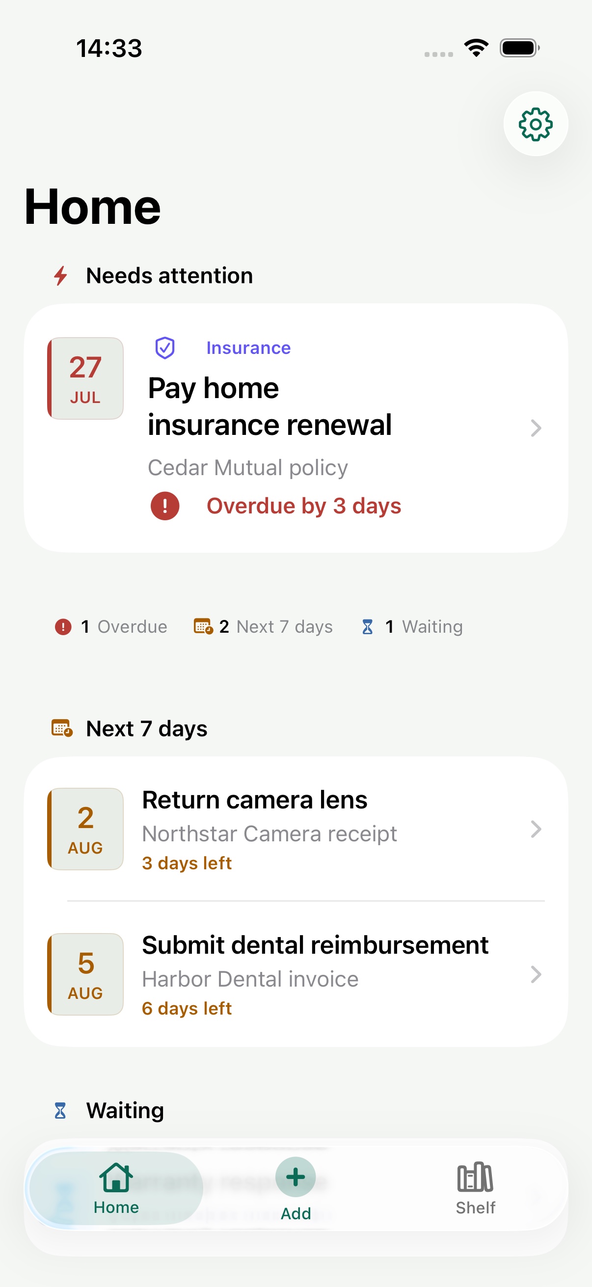 ClaimShelf Home screen highlighting the most urgent deadline with the latest Home, Add, and Shelf navigation
