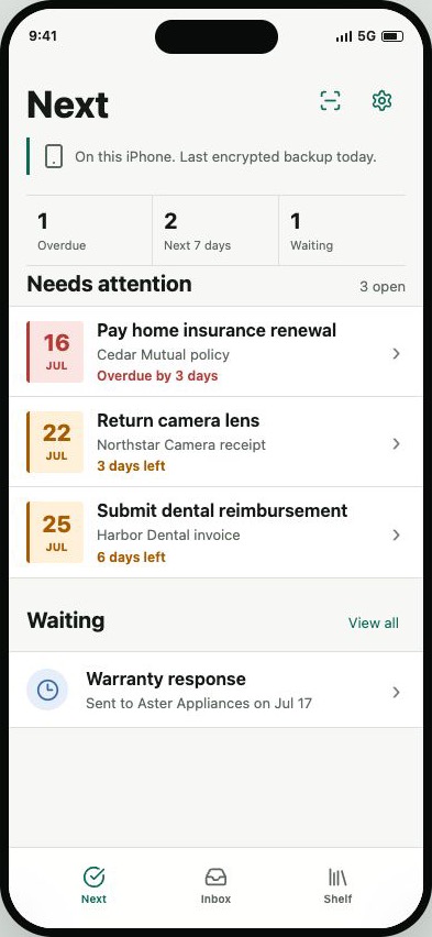 ClaimShelf Next screen showing upcoming paperwork actions