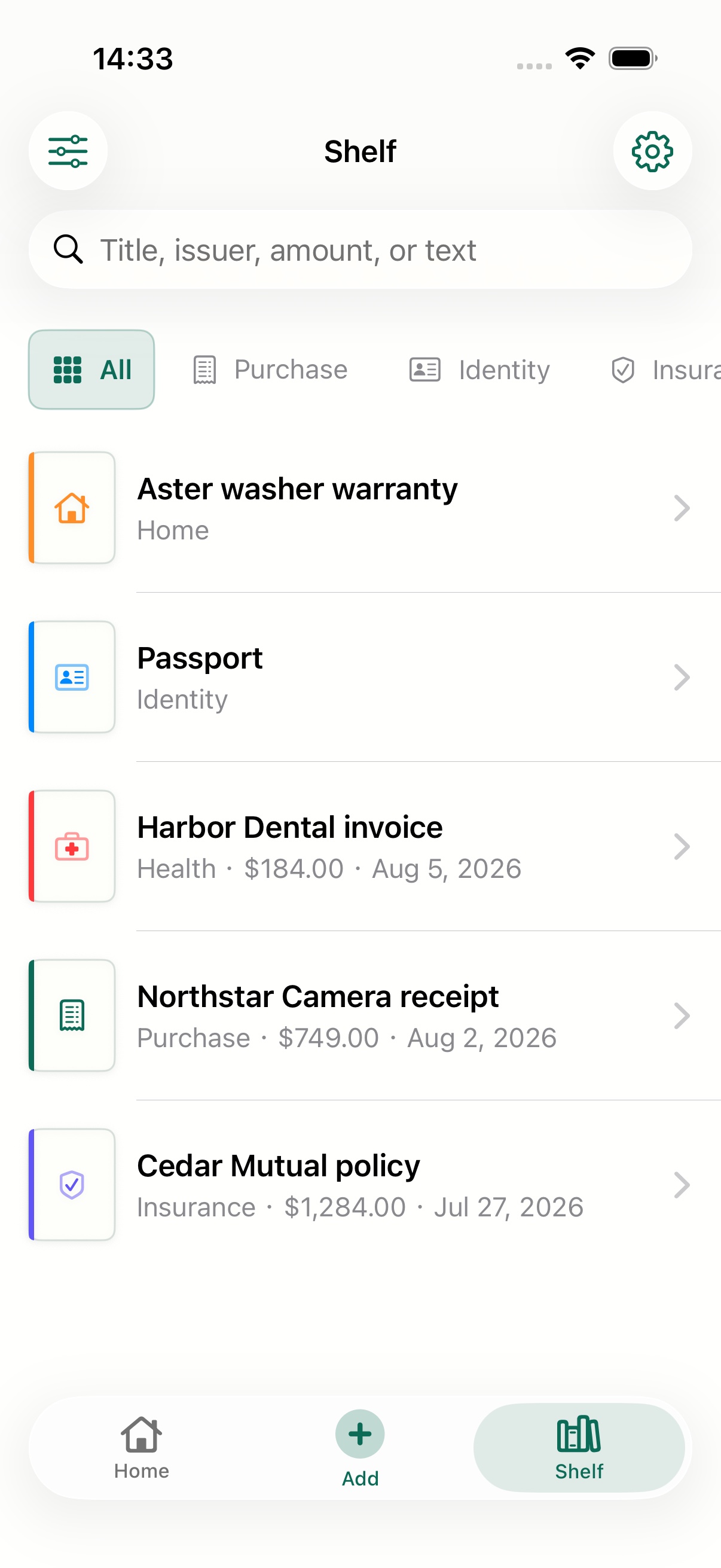 ClaimShelf Shelf showing searchable documents, lightweight category filters, and the latest Home, Add, and Shelf navigation